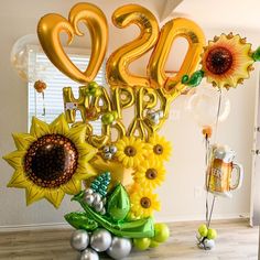 the balloons are in the shape of numbers and sunflowers