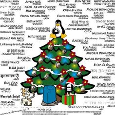 a christmas tree with many different languages and pictures on it's top, including the names