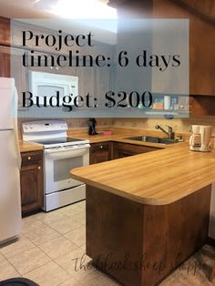 a kitchen with wooden counter tops and white appliances in the background text reads project time 6 days budget $ 200