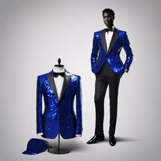 2 Button Peak Lapel Single Breasted One Chest Pocket Two Flap Front Pockets Color: Royal Blue Sequin Suit, Royal Blue Suit, Peak Lapel, Metallic Fabric, Blue Suit, Mens Suits, Chest Pocket, Single Breasted, Blazer Suit