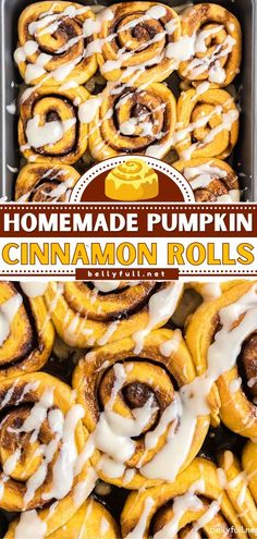 homemade pumpkin cinnamon rolls with icing on top in a baking pan and text overlay reads homemade pumpkin cinnamon rolls