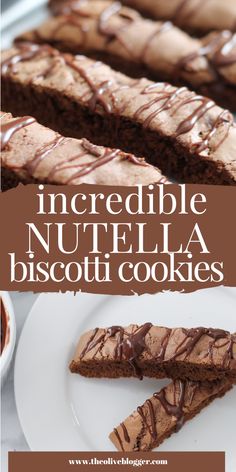 chocolate nutella biscotti cookies on a white plate with the title text overlay