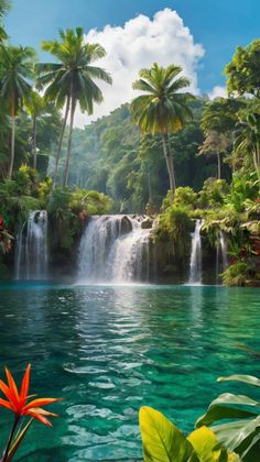 a beautiful waterfall surrounded by lush green trees and water with blue skies in the background