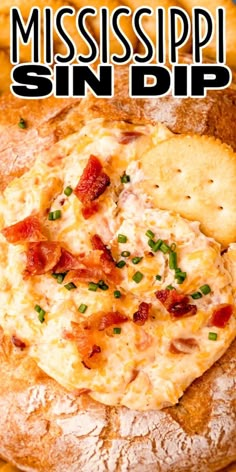 a close up of bread on a plate with cheese and bacon in the middle that says mississpii sin dip