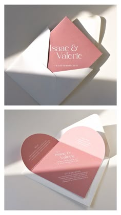 the inside and outside of a folded wedding card in pink, white and silver with a heart - shaped envelope