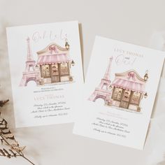 two wedding cards with the eiffel tower in paris on them, one is pink