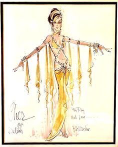 a drawing of a woman in a belly dance costume with her arms spread out and hands outstretched