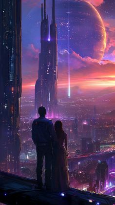 a man and woman standing on top of a tall building looking at the city skyline