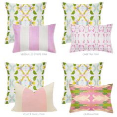 six pillows with different patterns and colors on them, all in pink, white, green,