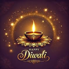 a happy diwali greeting card with a lit candle in the middle and sparkles around