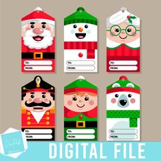 christmas gift tags with santa claus, snowman and other characters in red green and white