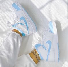 Air Jordan 1 White, Blue Sneakers, Air Jordan 1 Mid, Jordan 1 Mid, Baby Blue