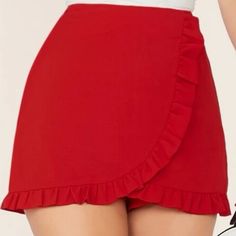 Never Worn Before Is A Skort With Two Layers Zip On The Side With A Hook Not Super High Waisted As It Looks On The Model Red Ruffled Shorts, Red Ruffled Shorts For Spring, Red Flirty Bottoms With Ruffles, Red Flirty Ruffled Bottoms, Red Bottoms With Ruffle Hem For Spring, Chic Red Ruffled Bottoms, Shein Shorts, Shein Pants, A Hook