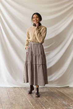 Gingham Skirt Outfit, Tiered Skirt Outfit, Olive Clothing, Cord Pants, Gingham Fashion, Miss Moss, Smart Dressing, Warm Tights, Gingham Skirt