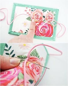 someone is using scissors to sew the fabric on an origami flower bag