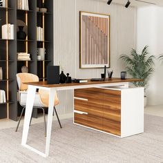 an office with a desk, chair and bookshelf