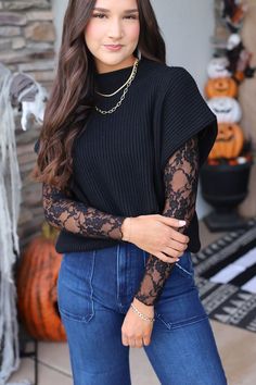 White Mesh Shirt Outfit, Bell Bottoms And Sweater Outfit, Cute Fall Outfits With Vest, Mesh Mock Neck Top Outfit, Sheer Sleeves Top Outfit, Free People Mesh Top Outfit, Black Wrap Shirt Outfit, Lace Shirt Under Shirt, How To Dress For Christmas