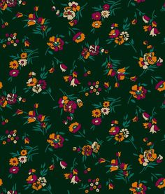 an image of a floral pattern on a green background with orange, pink and red flowers