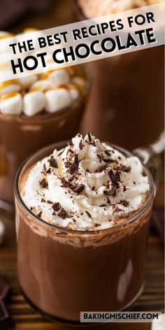 two glasses filled with hot chocolate and marshmallows, the text overlay reads the best recipes for hot chocolate