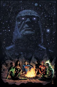 the dc comics are sitting around a campfire with their faces glowing in the background