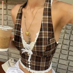 Retro Plaid Halter Top Bow Lace Trim V Neck Backless Tank Tops Y2k Summer Clothes Women 2024 Plaid Top, Backless Design, Vest Outfits, Vintage Plaid, Mode Inspo, Retro Vibe, Summer Outfits Women, French Style, Halter Top