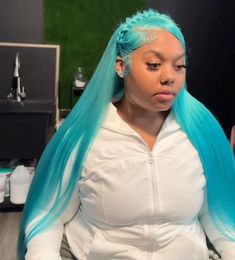 Lacefront Hairstyle, Lace Front Wigs Hairstyles, Wig Install Tutorials, Turquoise Hair Black Women, Blue Wig Install, Light Blue Wig, Light Blue Wig Install, Teal Wig Install, Aqua Lace Front Wig