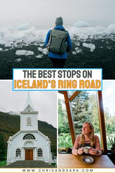 the best stops on iceland's ring road are in this photo collage with icebergs