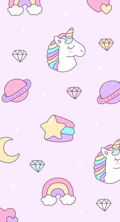 unicorns and rainbows with stars, clouds, and hearts on a white background