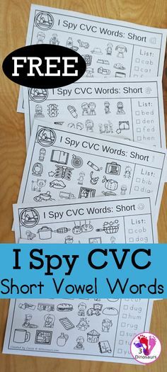 three printable worksheets with the words i spy cvc short - word words