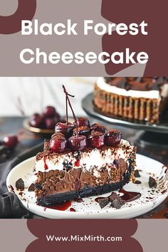 a slice of black forest cheesecake with cherries on top