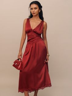 How classic. Shop the Stasia Silk Dress from Reformation, a sleeveless midi dress with a V-neckline, drop waist, and lace detailing. Brown Silk Dress, Silk Yellow Dress, The Reformation, Bridesmaid Inspiration, Brunch Date, Wedding Guest Looks, Sleeveless Midi Dress, Brown Silk, Silk Charmeuse