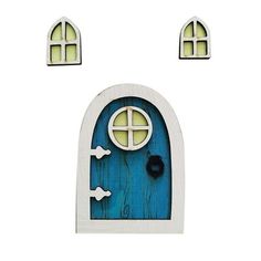 an image of a blue door with three windows on it's side and one window in the middle