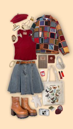 Aesthetics Outfits Vintage, Art Teacher Style Aesthetic, Red Retro Outfits, Petit Outfits, Apple Aesthetic Outfit, Artsy Outfits Aesthetic, Denim And Red Outfit, Artsy Clothing Aesthetic, Artsy Clothes