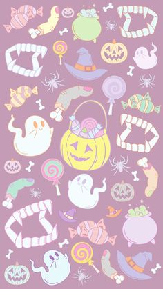 an assortment of candy and candies on a purple background with the words happy halloween written in