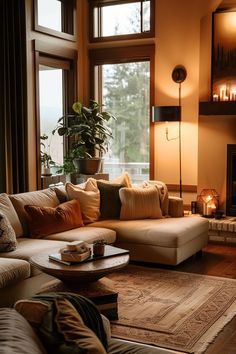 a living room filled with lots of furniture next to a fire place in a fireplace