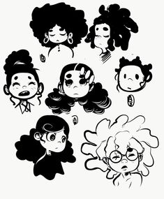 some black and white drawings of people with different hair styles