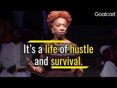 a woman standing in front of a crowd with the words it's a life of hustle and survival