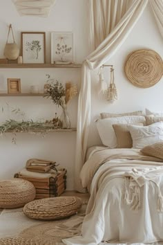 a bedroom with white walls and wicker baskets on the floor, along with various decor items