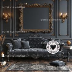 an ornate living room with black walls and gold trimmings is furnished with grey velvet furniture