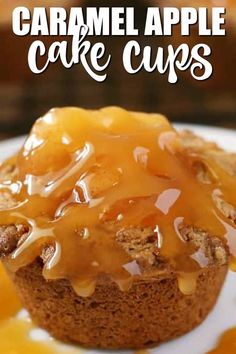 caramel apple cake cups on a white plate with the title in the middle above it