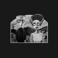 an alien couple standing next to each other in front of a black and white background