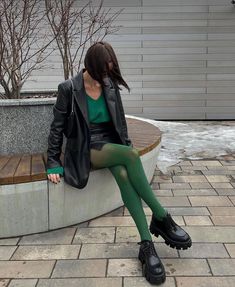 Color Tights Outfit, Colorful Tights Outfit, Colored Tights Outfit, Green Tights, Tights Outfits, Stockings Outfit, Green With Envy, Opaque Tights