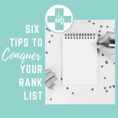 someone writing on a notepad with the text six tips to conquer your rank list