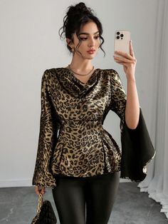 Women's Elegant Leopard Print Halter Neckline Slit Cuff Long Sleeve Blouse, Autumn Peplum Top Multicolor Elegant  Extra-Long Sleeve Woven Fabric Leopard Print,All Over Print,Textured Pattern Peplum Non-Stretch  Women Clothing, size features are:Bust: ,Length: ,Sleeve Length: Tops Outfit Ideas, Bohemian Picnic, Tops Outfit, Chic Maxi Dresses, Butterfly Blouse, Peplum Tops, Satin Evening Dresses, Extra Long Sleeves, Tropical Getaways