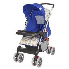 a baby stroller with blue fabric and wheels on it's side, in front of a white background