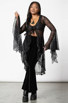 Vilania Lace Duster | Killstar Black Lace Duster Outfit, Long Lace Cardigan Outfit, Lace Duster Outfit, Lace Cardigan Outfit, Witch Outfits, Velvet Bell Bottoms, Bohemian Goth