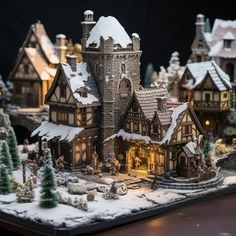 a model of a house with snow on the roof and trees in front of it