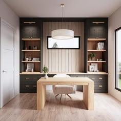 an office with wooden floors and built - in shelving units on either side of the desk