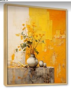 a painting with yellow and white flowers in a vase on a table next to an orange wall