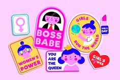 various stickers that include women's power, girls power and the word boss babe